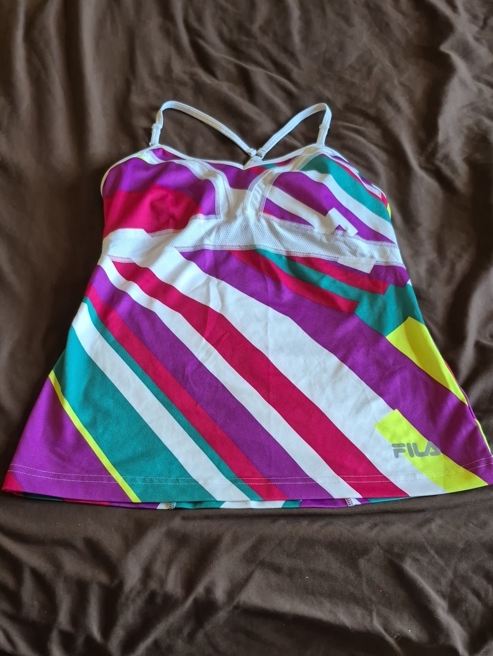 FILA Pink Teal White Neon Yellow Striped Tankini Top